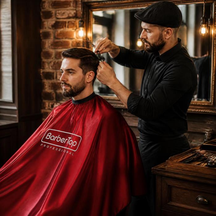 Waterproof Barber Cape Metallic Shine Red Hair Cutting Cape with Black Trim Open Back Design for Professional Barber Shop Salon