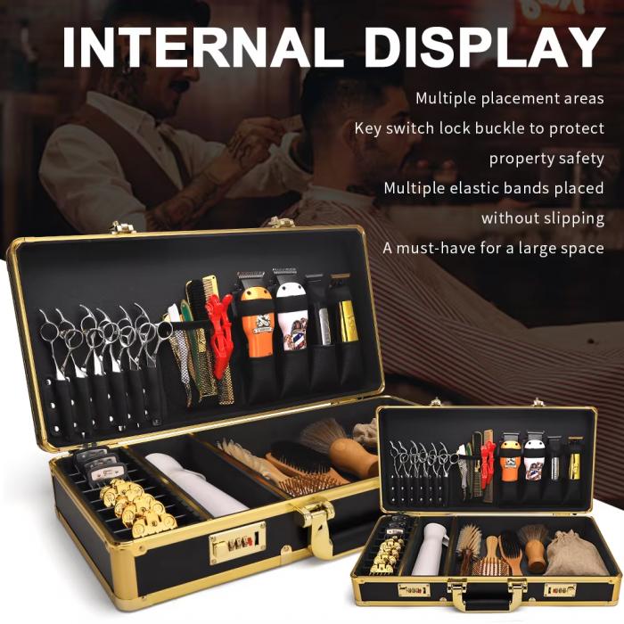 Golden Professional Barber Accessories Storage Case Tool Box Aluminum Tools Suitcase With Password Lock