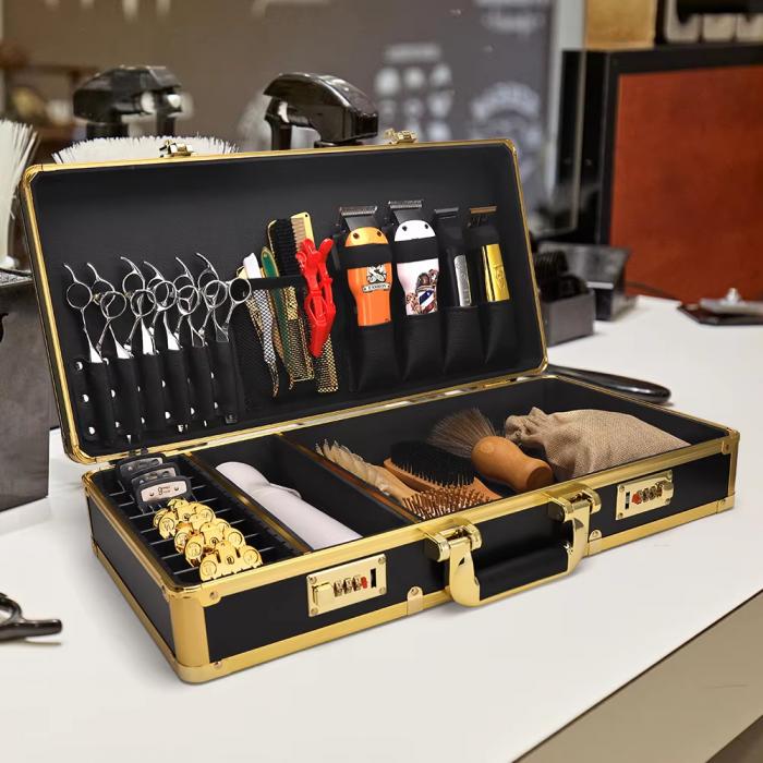 Golden Professional Barber Accessories Storage Case Tool Box Aluminum Tools Suitcase With Password Lock