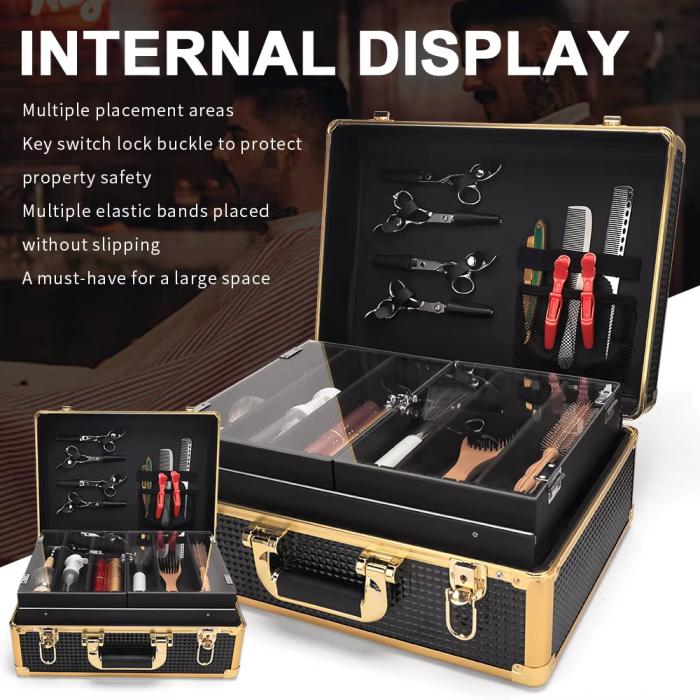 Golden Aluminium Alloy Frame Large Professional Hair Cut Tool Storage Salon Comb Case