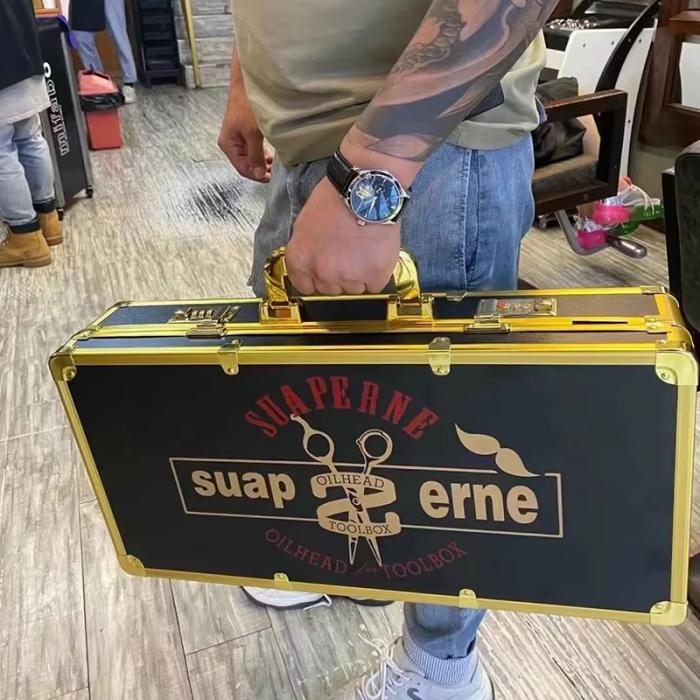 Large Barber Travel Briefcase Portable Barber Carrying Suitcase Salon Case with Code Lock Gold Barbershop Travel Case